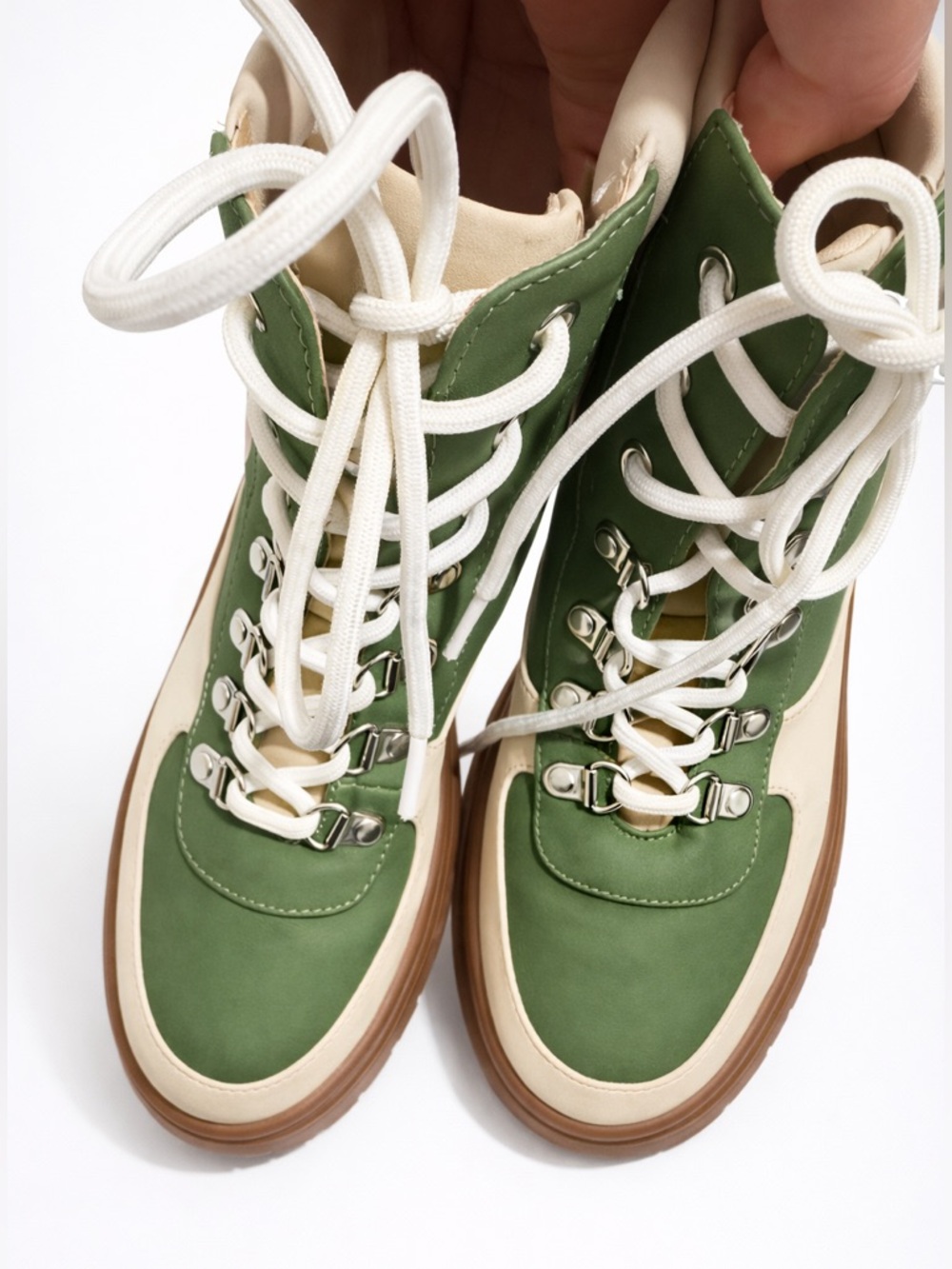 Green Cream Colorblock Platform Combat Boots Lug Sole Lace Up Ankle Booties 9 - Picture 6 of 6